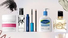 Collage of our beauty team's favourite buys from the Boots sale, from Philip Kingsley, MAC, Cetaphil and YSL, on a pastel watercolour background with mascara, lip liner, glitter eyeshadow and green cream swatches