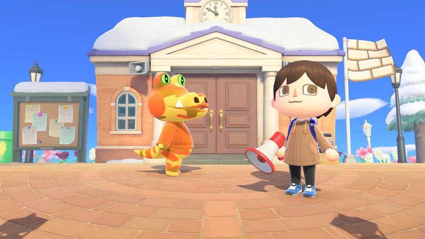 Animal Crossing New Horizons player megaphone in plaza with orange crocodile villager Sly