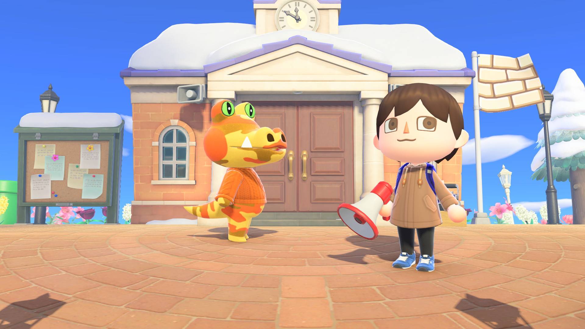 Animal Crossing New Horizons player megaphone in plaza with orange crocodile villager Sly