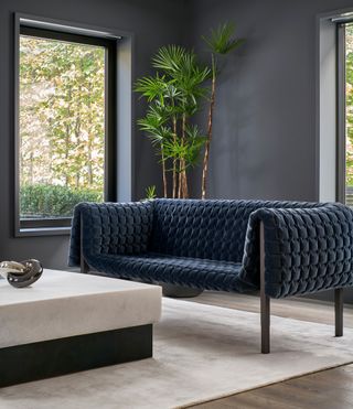 Sitting area with grey walls and blue sofa