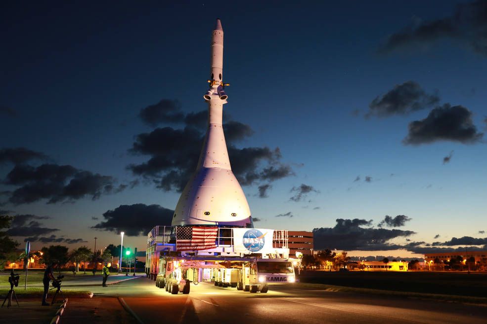 On May 22, 2019, engineers move a test version of NASA&#039;s Orion spacecraft for the Ascent Abort-2 (AA-2) flight test from the Launch Abort System Facility at NASA&#039;s Kennedy Space Center in Florida to Space Launch Complex 46 at neighboring Cape Canaveral Air Force Station. AA-2 is scheduled to take place on July 2.