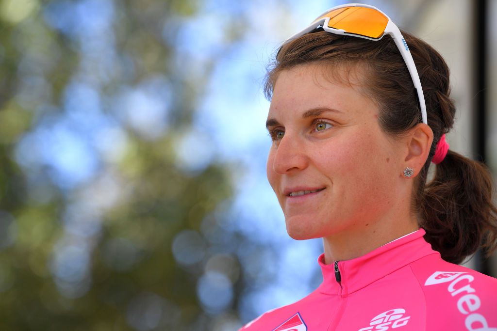 ARCIDOSSO ITALY SEPTEMBER 12 Start Elisa Longo Borghini of Italy and Team Trek Segafredo Pink Leader Jersey during the 31st Giro dItalia Internazionale Femminile 2020 Stage 2 a 1248km stage from Civitella Paganico to Arcidosso GiroRosaIccrea GiroRosa on September 12 2020 in Arcidosso Italy Photo by Luc ClaessenGetty Images