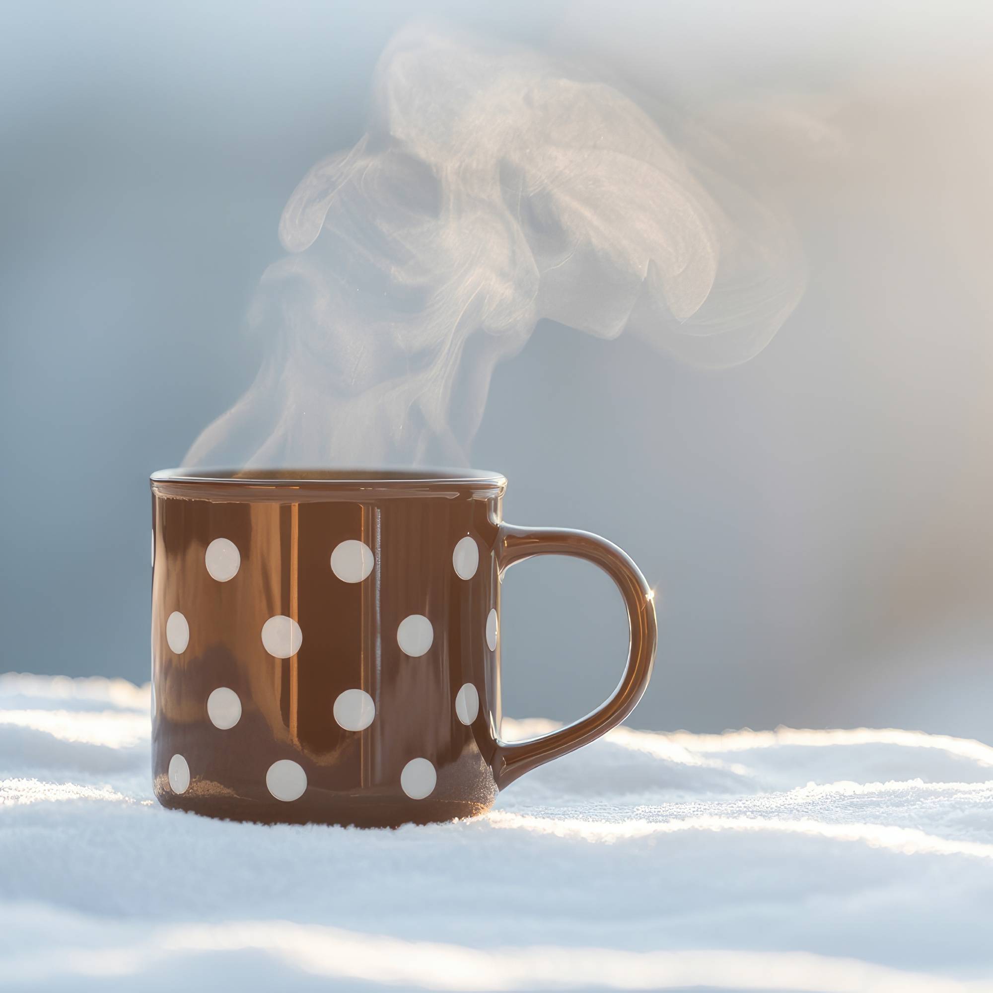 Brown and white polka dot mug of coffee in snow