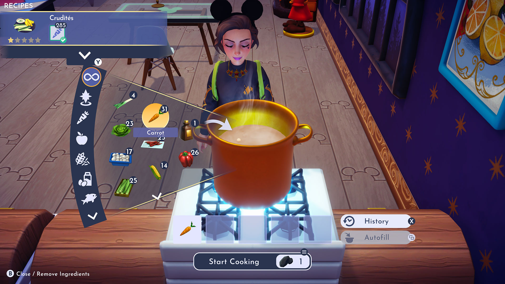 Making crudites at the stove in Disney Dreamlight Valley