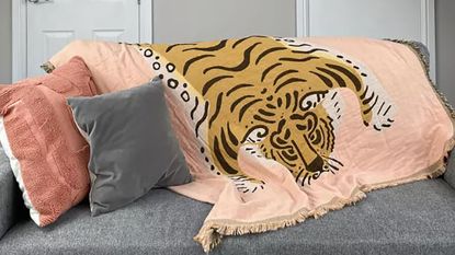 Tiger throw over sofa with cushions in loft conversion