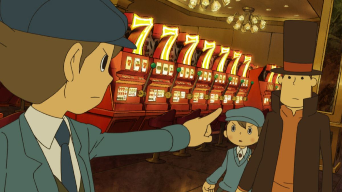 Professor Layton being pointed at during one of the best DS games, Professor Layton and the Unwound Future.