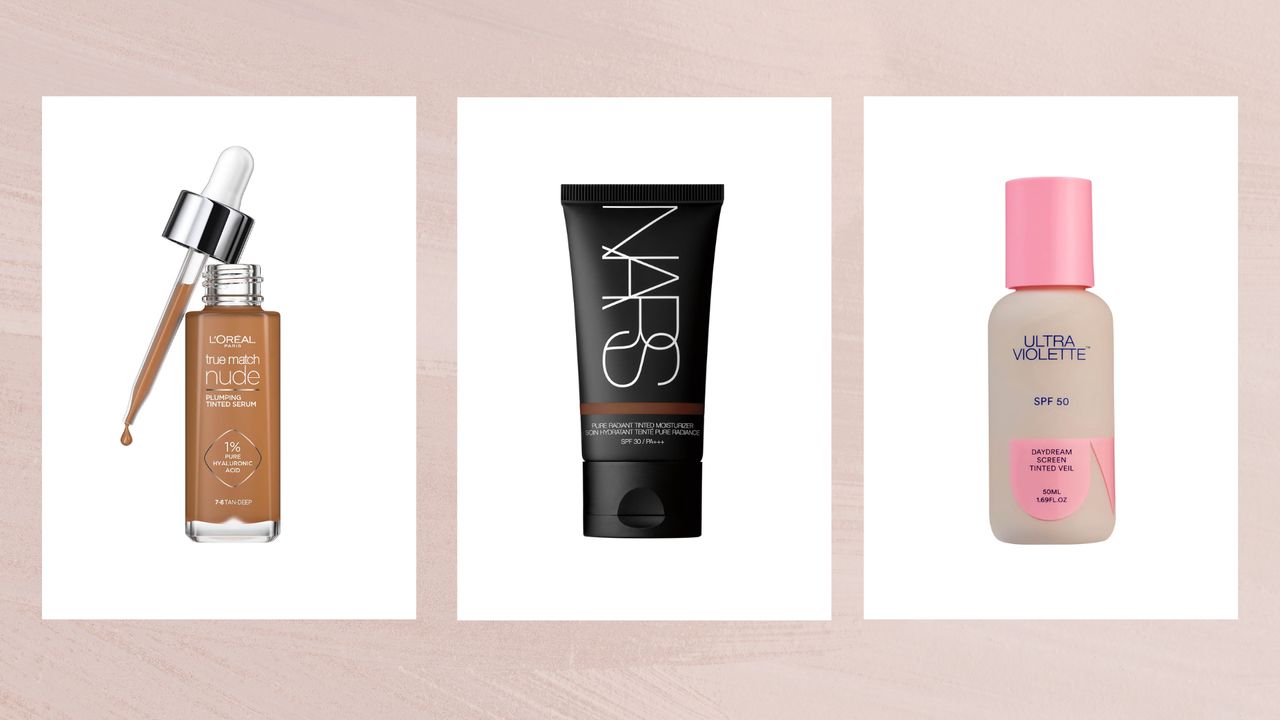 Collage of three of the best tinted moisturisers featured in this guide from L&#039;Oréal Paris, NARS and Ultra Violette