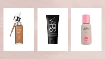 Collage of three of the best tinted moisturisers featured in this guide from L'Oréal Paris, NARS and Ultra Violette