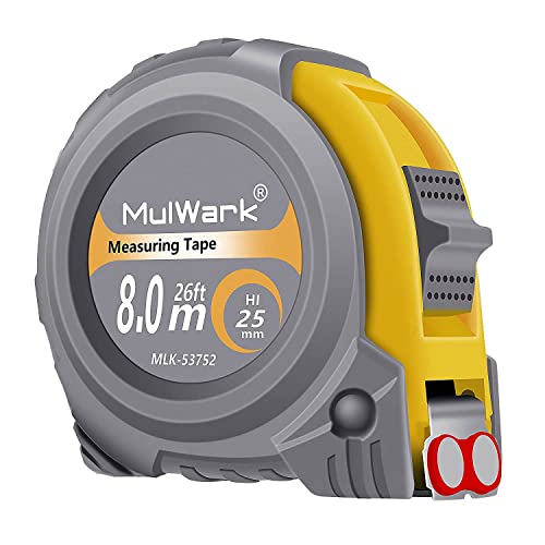 Mulwark 8m/26ft Measuring Tape Measure | Metric & Imperial Dual Scale | Magnetic Hook & Wide Blade | Both-Side Metal Blade | Shockproof Case | for Construction, Carpentry & Diy