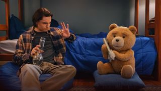 Max Burkholder as John Bennett alongside Ted, voiced by Seth MacFarlane, in Ted