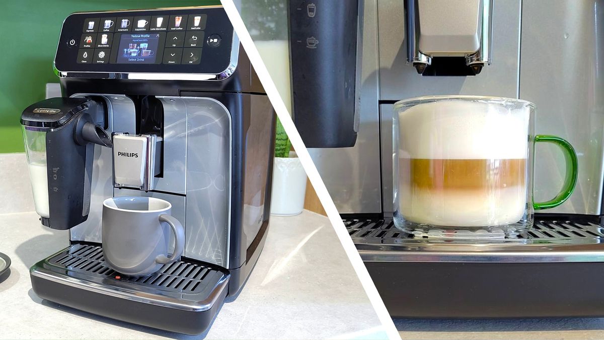 Split image of Philips LatteGo 5500 Series coffee maker on kitchen counter, and latte macchiato made using the same machine