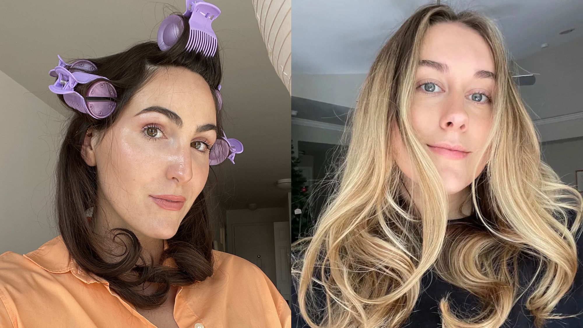 Images of Anna LaPlaca and Kaitlyn McLintock with hot rollers in their hair and long, bouncy curls.