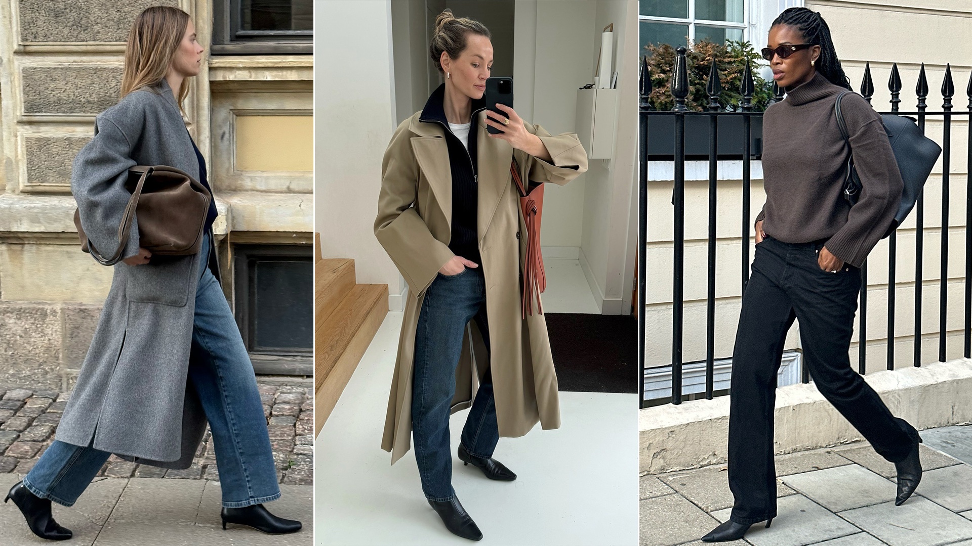 fashion collage of Clara Dyrhauge, Anouk Yve, and Marilyn Nwawulor-Kazemaks wearing chic fall and winter outfits with the kitten-heel boots trend for 2025