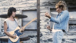 Rod Stewart and Jeff Beck during filming of the video &quot;People Get Ready&quot; in the mid 1980s