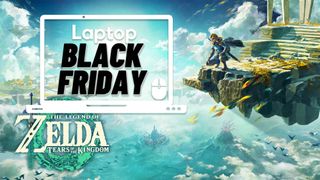 The Legend of Zelda Tears of the Kingdom illustration showing link overlooking a cliff on the right with laptop mag black friday logo on the left