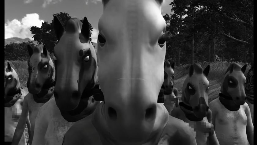 Horses trailer still - bunch of otherwise naked people in horse masks