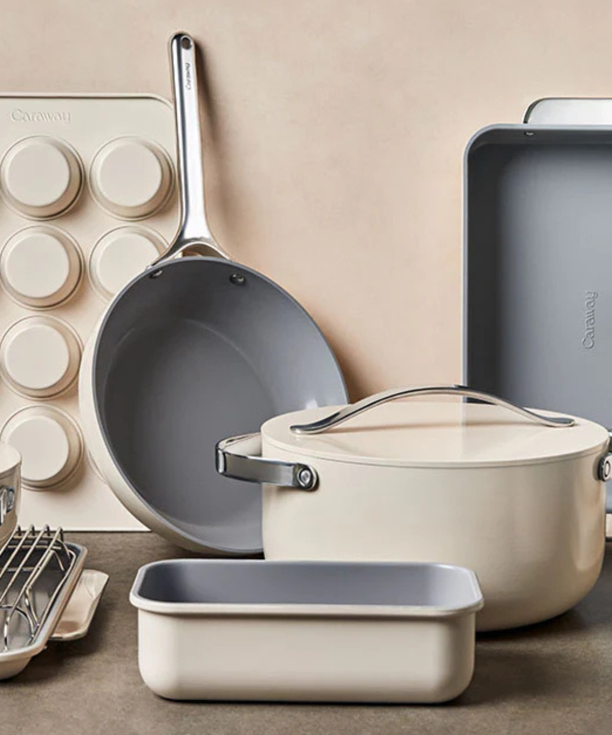 Cream Caraway ceramic non-stick pan set, including a Dutch oven and muffin tin