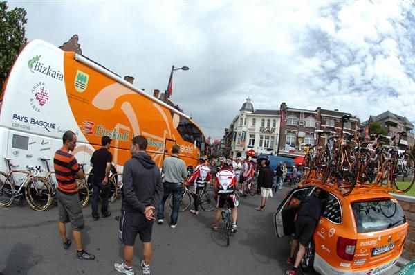 Mechanics and PRs outside the Euskaltel motorhome