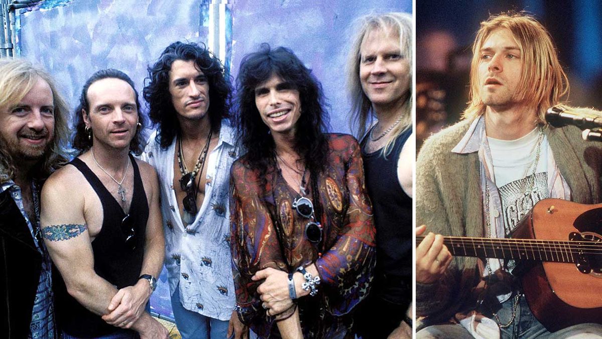 Brad Whitford, Joey Kramer, Joe Perry, Steve Tyler and Tom Hamilton of Aerosmith and Kurt Cobain