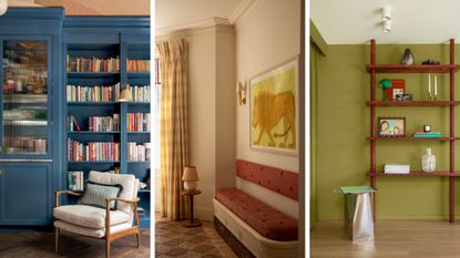 Library with blue painted built-in bookshelves, a living room with blush pink walls and a red banquette sofa, and a home office with moss green walls and a freestanding wooden shelving unit.