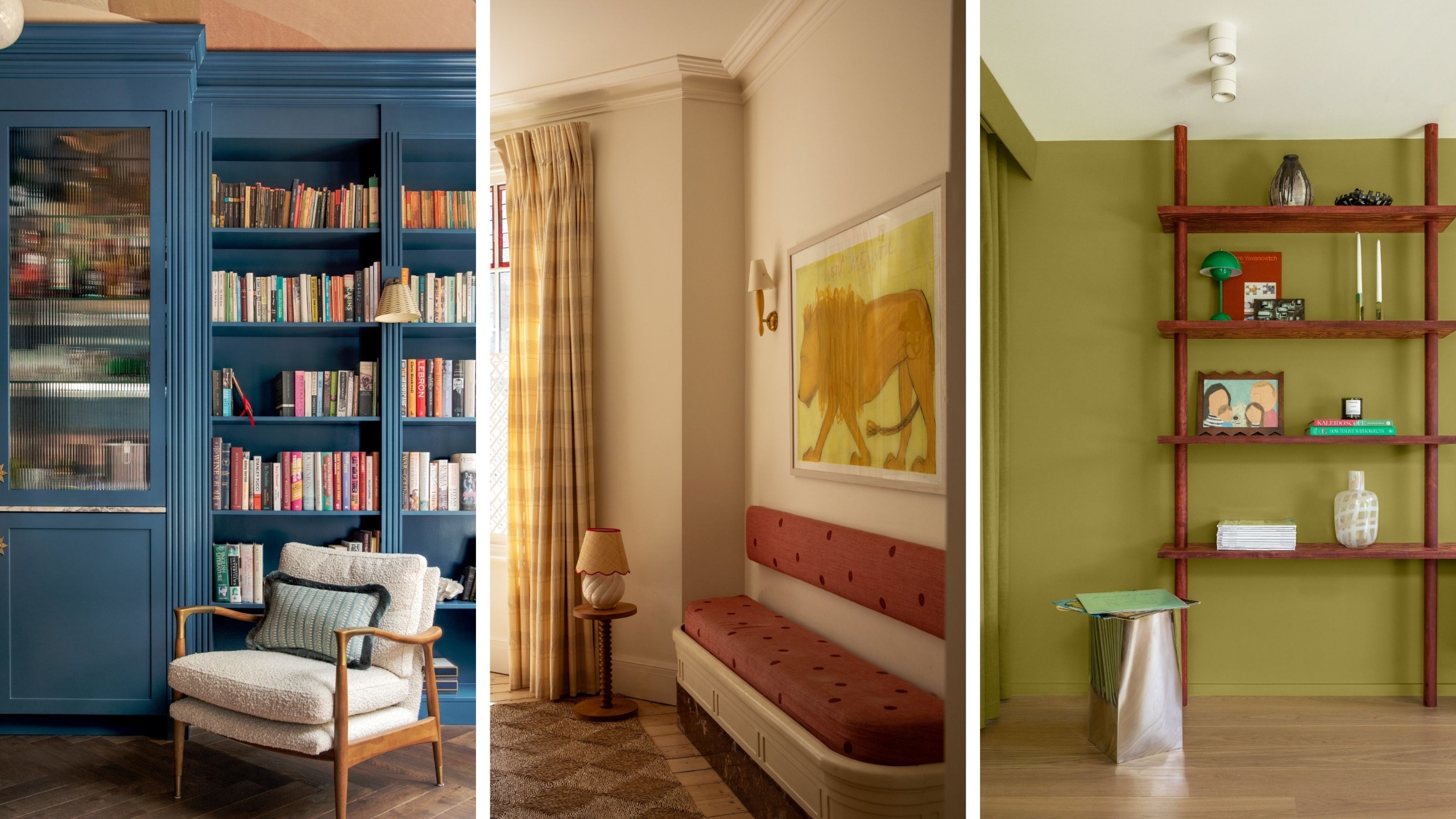 Library with blue painted built-in bookshelves, a living room with blush pink walls and a red banquette sofa, and a home office with moss green walls and a freestanding wooden shelving unit.