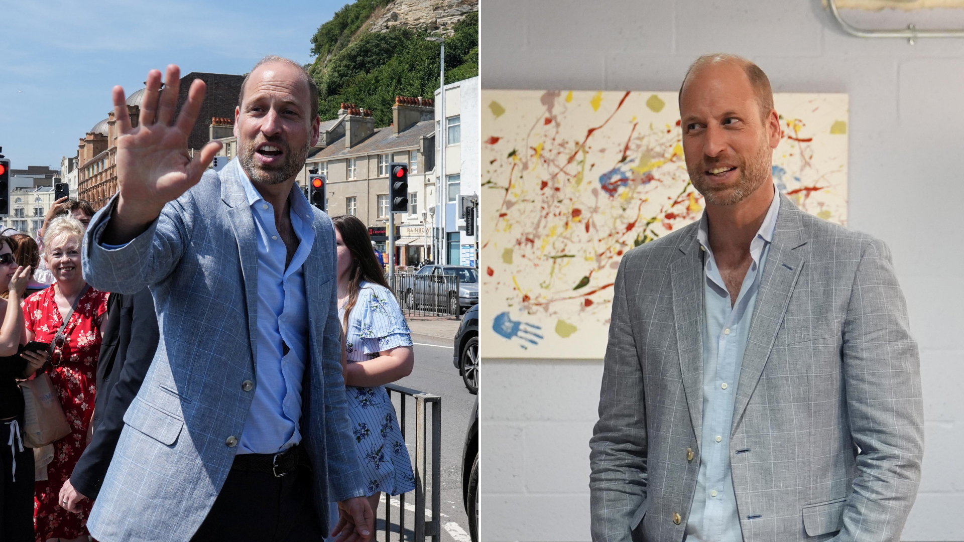 Prince William wears a gray suit jacket, a blue shirt and black slacks to visit Hastings, where he meets children and royal fans on the seafront