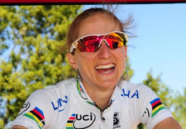 World Champion Catharine Pendrel (Luna Pro Team) warms up on a trainer