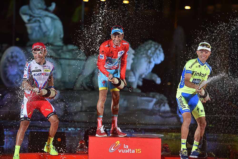 The 2015 Vuelta a Espana podium: (from left) Joaquim Rodriguez, Fabio Aru and Rafal Majka.