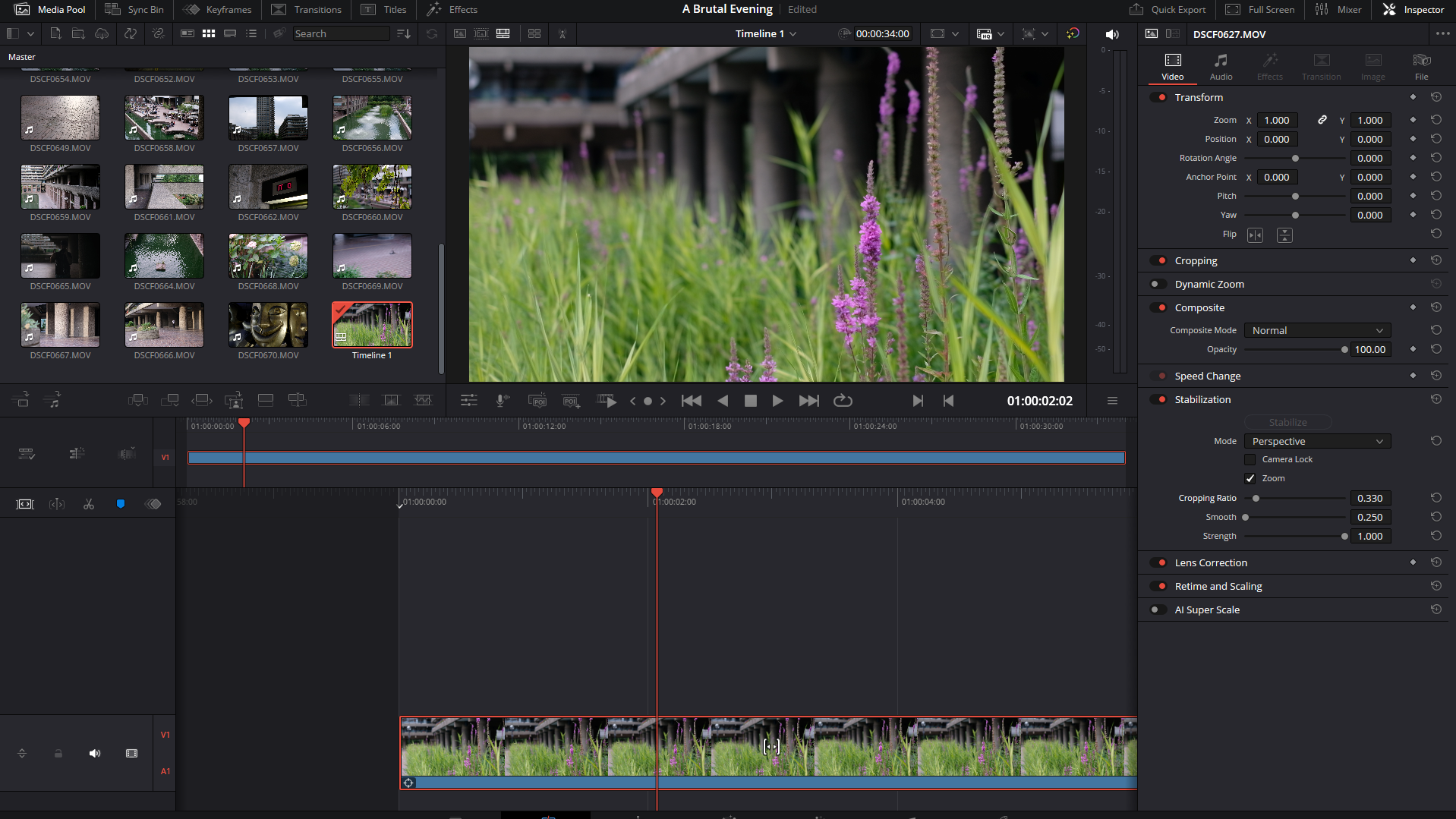 A screenshot of the editing panel of DaVinci Resolve 20, showing multiple clips assembled in the media pool