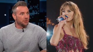 In side-by-side images, Dax Shepard speaks during an interview on Jimmy Kimmel Live! and Taylor Swift sings "Wildest Dreams" on Taylor Swift: The Ears Tour (Taylor's Version).