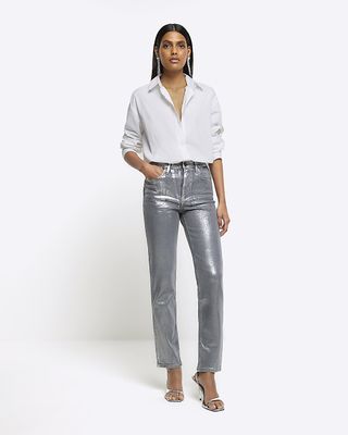 River Island, Silver Slim Straight Coated Jeans