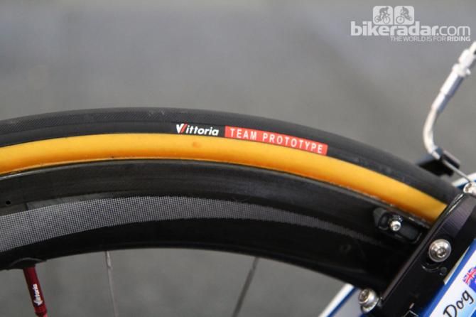 Pro riders - Blanco sprinter Mark Renshaw included - are quickly switching to wider tubular tires such as the 25mm Vittoria prototypes shown here. Wider rims mean there's little aerodynamic disadvantage with the move plus the riders get improved ride quality and cornering traction.