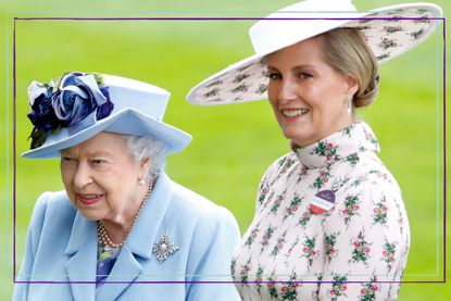 Sophie Wessex the Queen's 'rock', Queen Elizabeth II (wearing her Sapphire Jubilee Snowflake Brooch, designed by jewellers Hillberg & Berk, which she received from the Governor General of Canada David Johnston in 2017 to mark her Sapphire Jubilee) and Sophie, Countess of Wessex attend day one of Royal Ascot at Ascot Racecourse on June 18, 2019 in Ascot, England.