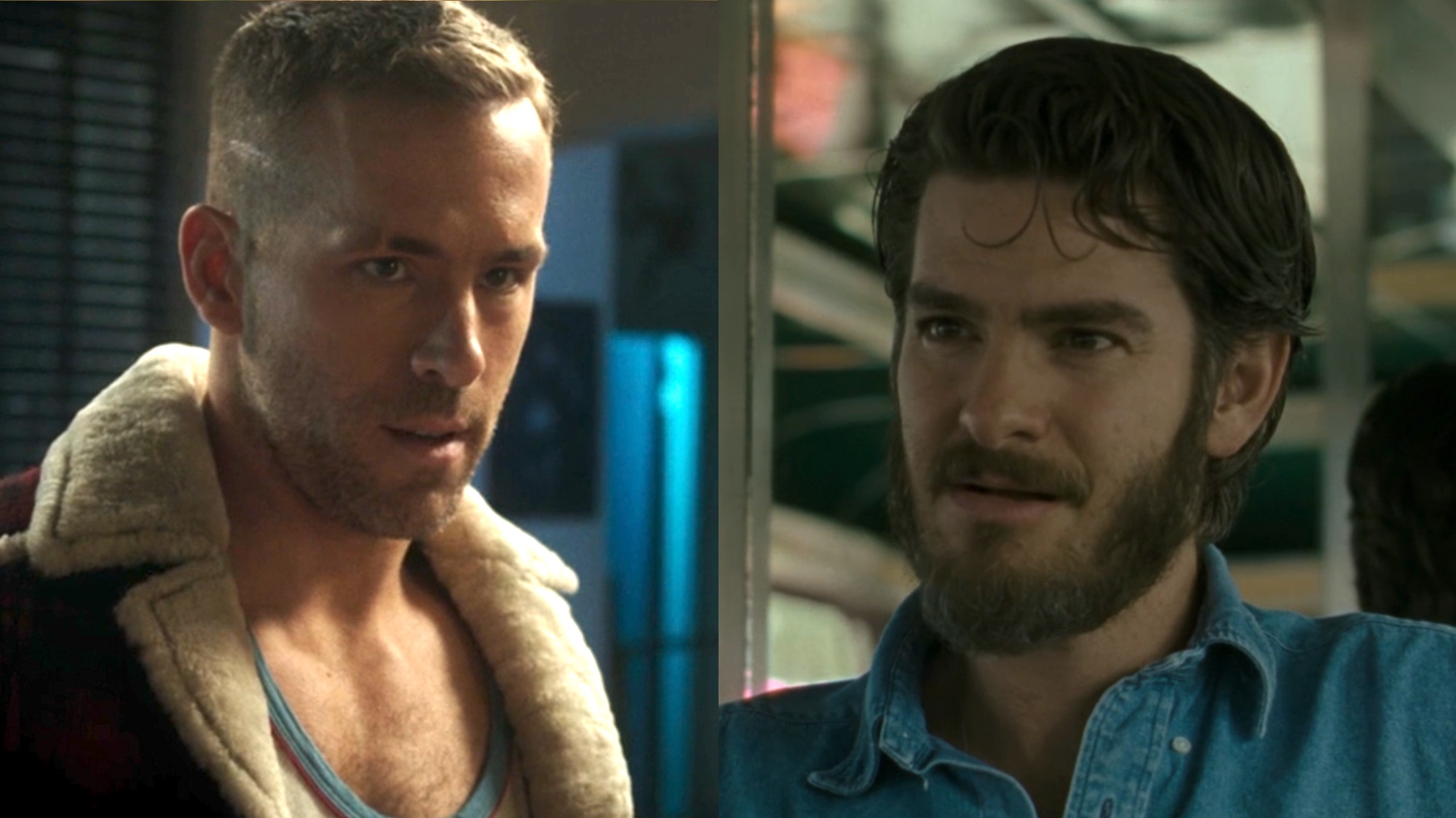 Ryan Reynolds in Deadpool and Andrew Garfield in After the Hunt side by side. 