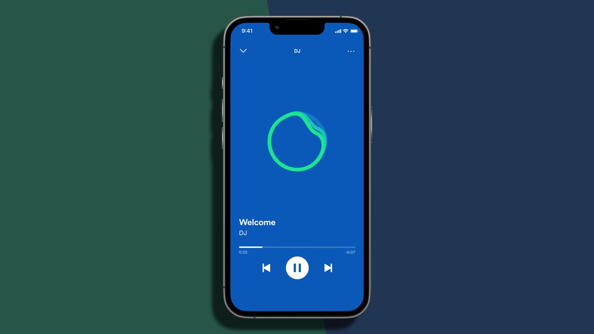 Spotify&#039;s AI DJ landing page on an iPhone 13 Pro, on green and blue background