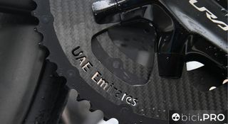 Tadej Pogacar is using a 55-tooth carbon fire chainring this spring 