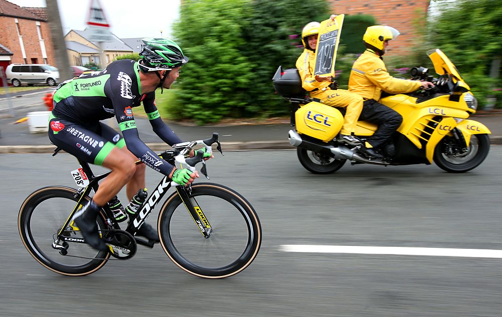 Breakaway rider Pierre-Luc Perichon of France and Bretagne-Seche Environnement