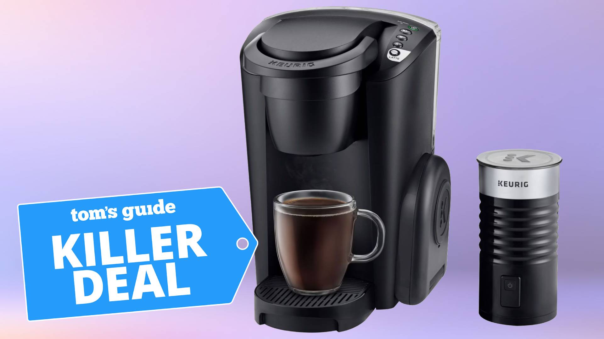 A photo of the Keurig K-Latte coffee maker on a purple background