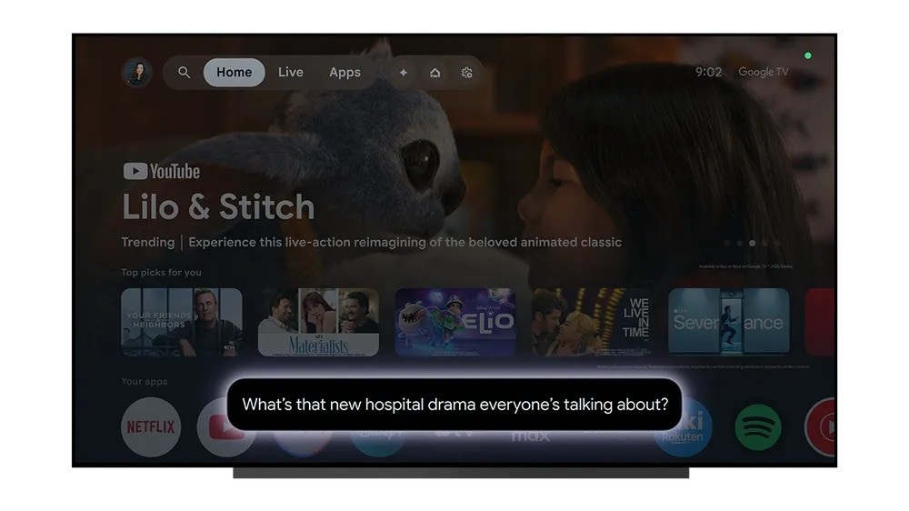 Gemini for Google TV delivers a floating bar of text with a user's voice prompt in it, asking for the AI to explain a recent show's season for them.