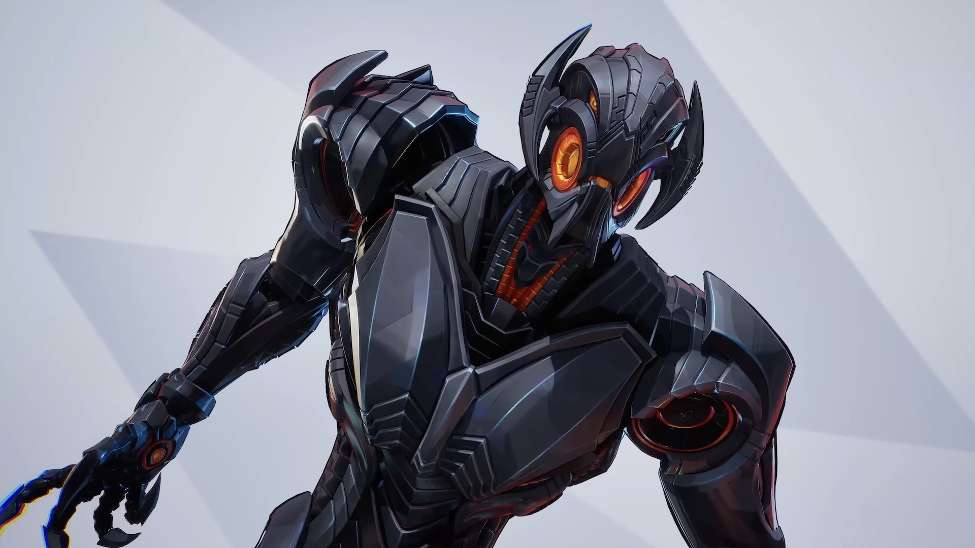 Ultron flies against a grey and white background
