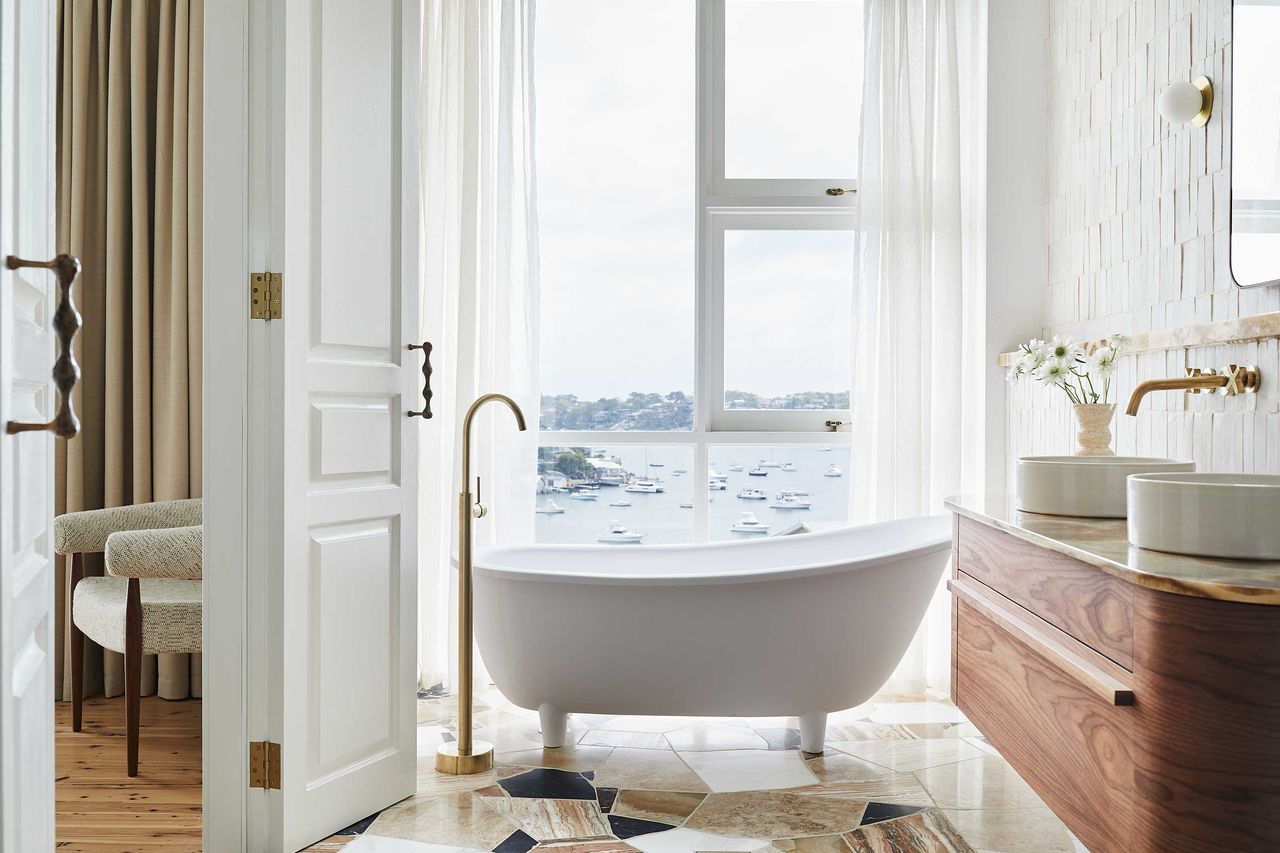 a modern bathroom with a palladian floor