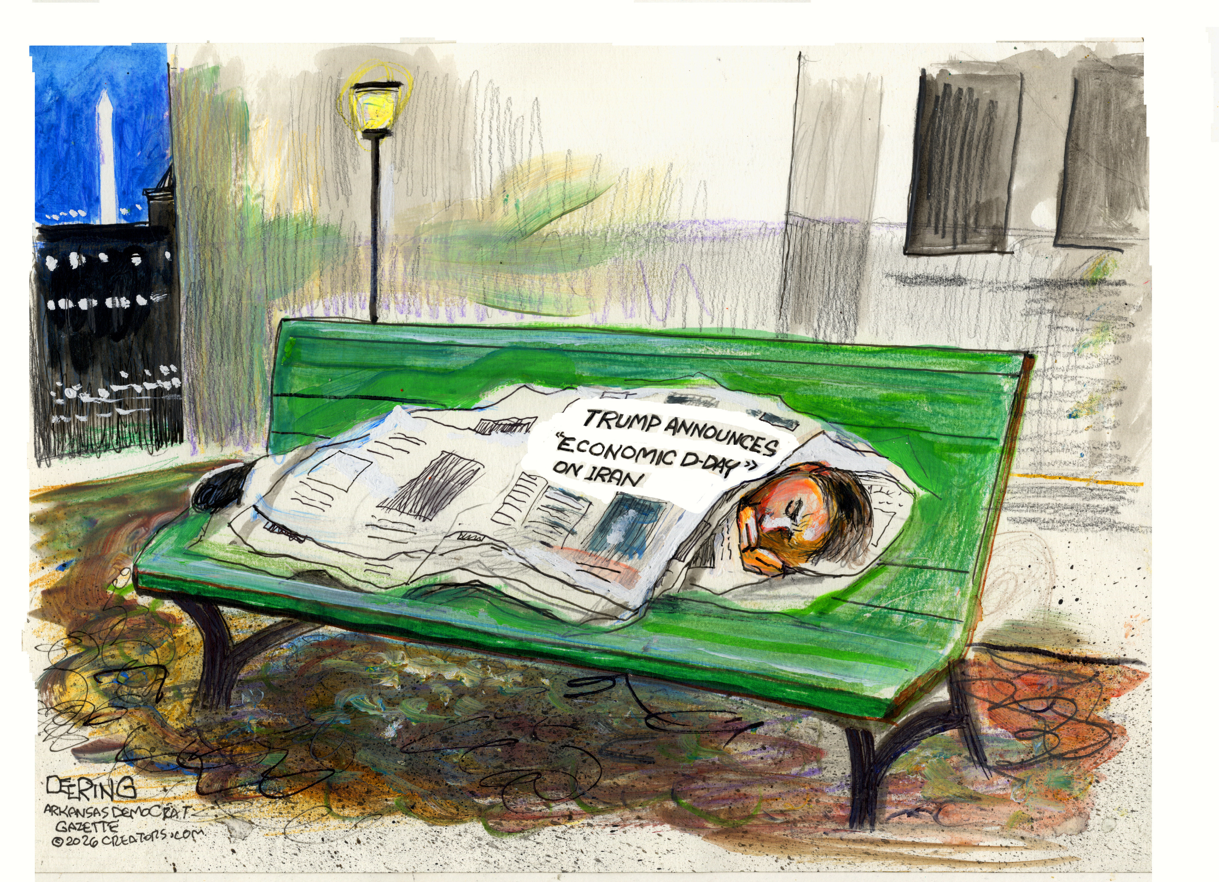 A homeless person sleeps on a park bench under a newspaper in Washington DC. The headline on the newspaper reads, &amp;quot;Trump Announces 'Economic D-Day on Iran'&amp;quot;.