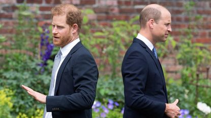 Britain's Prince Harry, Duke of Sussex (L) and Britain's Prince William, Duke of Cambridge attend the unveiling of a statue of their mother, Princess Diana at The Sunken Garden in Kensington Palace, London on July 1, 2021