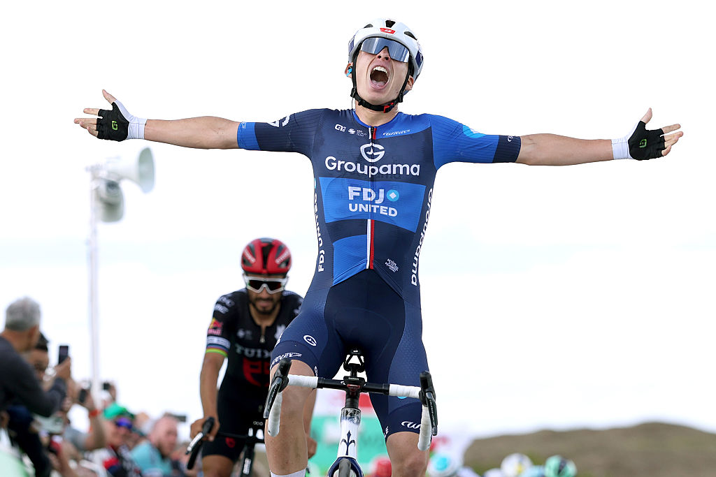 BURTON DASSETT, UNITED KINGDOM - SEPTEMBER 05: Romain Gregoire of France and Team Groupama - FDJ celebrates at finish line as stage winner during the 21st Tour of Britain 2025, Stage 4 a 186.9km stage from Atherstone to Burton Dassett on September 05, 2025 in Burton Dassett, United Kingdom. (Photo by Alex Livesey/Getty Images)