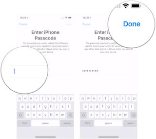 Turning on 2FA for Apple ID showing the steps to Enter passcode tap Done