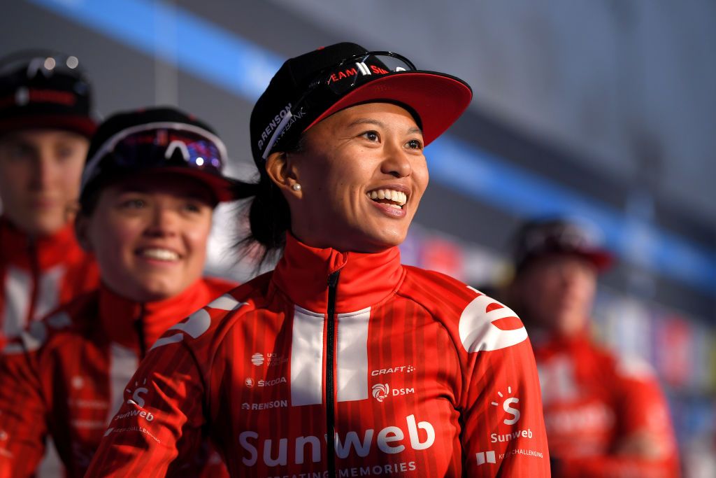NINOVE BELGIUM FEBRUARY 29 Start Coryn Rivera of The United States and Team Sunweb Team Presentation during the 75th Omloop Het Nieuwsblad 2020 Women Race a 1229km race from Ghent to Ninove OmloopHNB OHN20 OHNwomen on February 29 2020 in Ninove Belgium Photo by Luc ClaessenGetty Images
