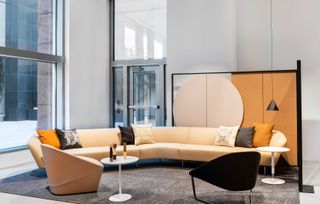 One of the lounge spaces at the new Arper showroom in Los Angeles