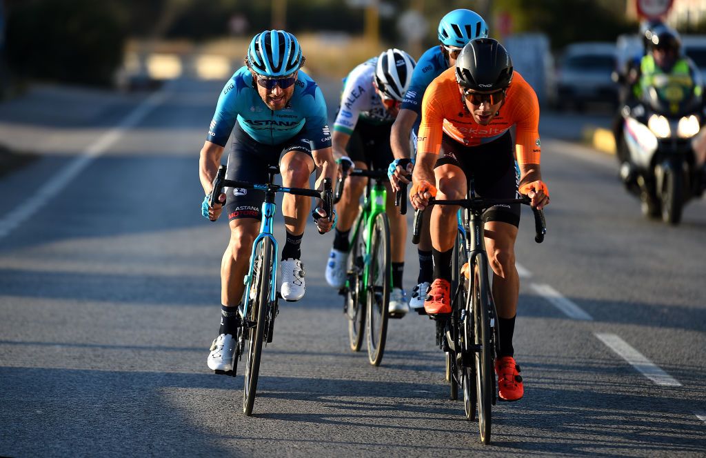 VALENCIA SPAIN FEBRUARY 06 LR Manuele Boaro of Italy and Astana Qazaqstan Team and Gotzon Martin Sanz of Spain and Team Euskaltel Euskadi compete in the breakaway during the 73rd Volta A La Comunitat Valenciana 2022 Stage 5 a 92km stage from Paterna to Valencia VCV2022 on February 06 2022 in Valencia Spain Photo by Dario BelingheriGetty Images