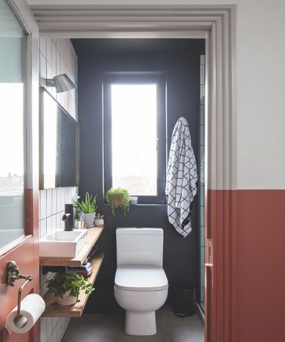 Half bath with mirror and terracotta paint up to chair rail height