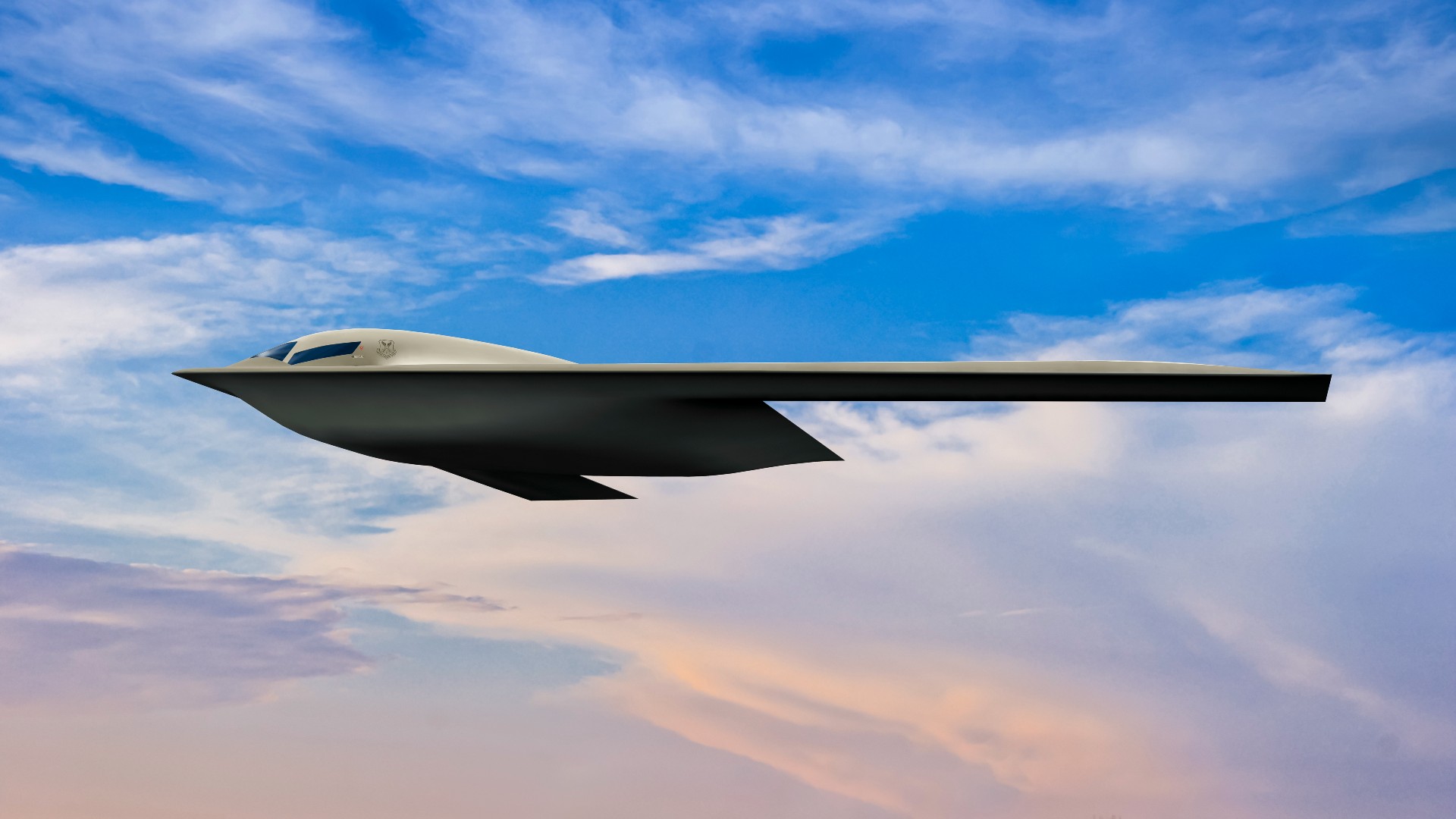A virtual image of the B-21 Raider in flight.